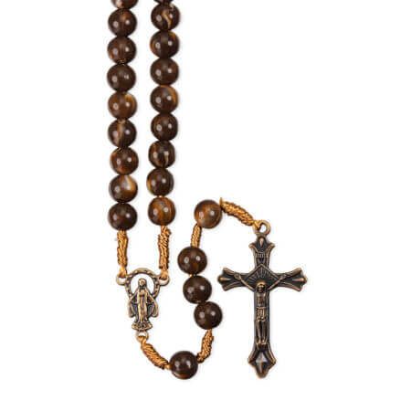 8mm Round Marbleized Brown Wood Bead Rosary on Cord with Wood Crucifix  10 Pieces