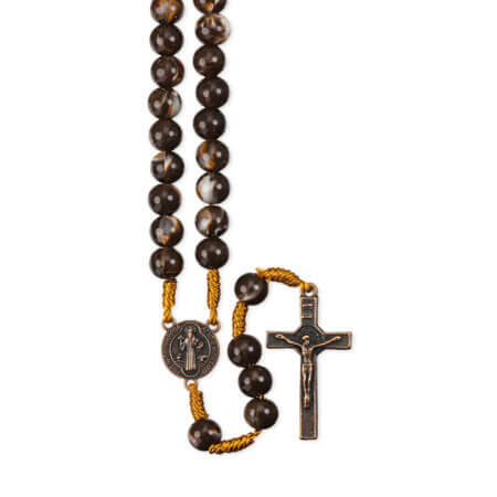 8mm Marbelized Brown Bead Cord Rosary with St. Benedict Crucifix 10 Pieces
