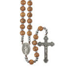 7mm Light Brown Wood Bead Rosary with Carved Cross and Silver Spacers  10 Pieces