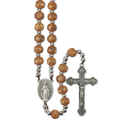 7mm Light Brown Wood Bead Rosary with Carved Cross and Silver Spacers  10 Pieces
