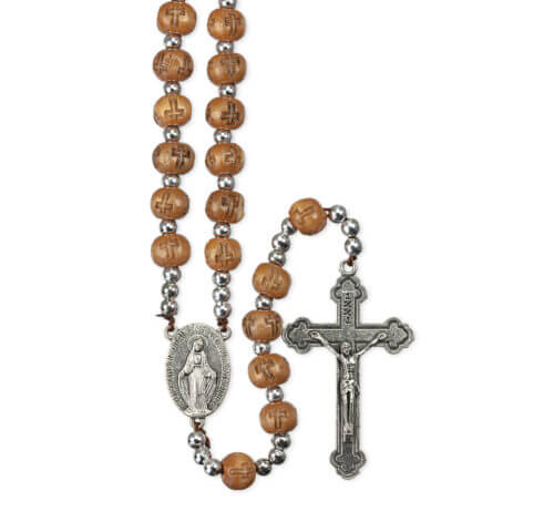 7mm Light Brown Wood Bead Rosary with Carved Cross and Silver Spacers  10 Pieces