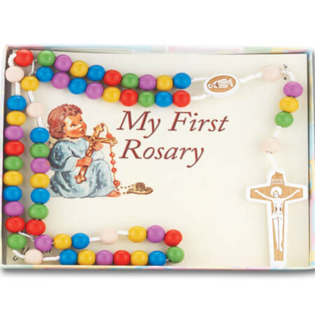 Multicolor Corded Wood Bead Children's Rosary – 8mm Beads – Laser-Cut Wooden Center – 10 Pack