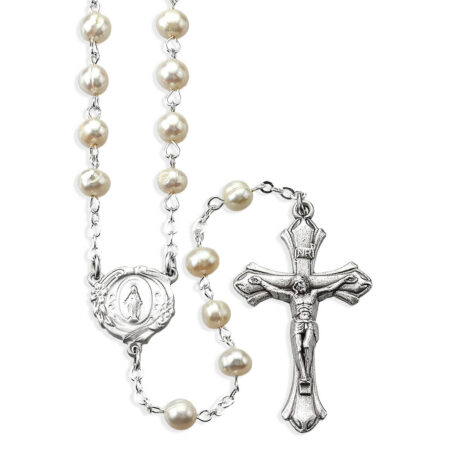 White Fresh Water Pearl Rosary in Grey Velvet Box