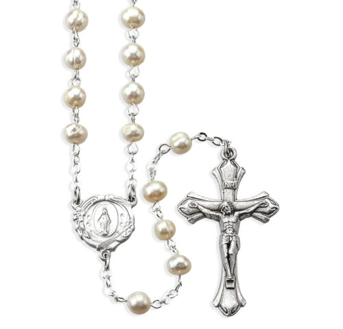 White Fresh Water Pearl Rosary in Grey Velvet Box