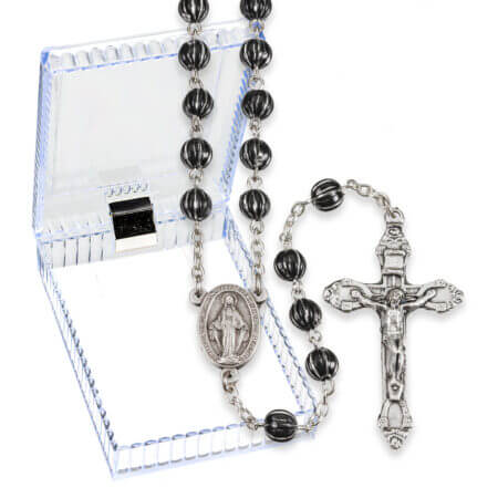 Black and Silver Engraved Bead Rosary in a Plastic Hinged Box 19" Quantity of 10