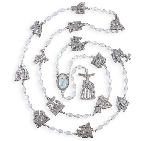 Via Crucis White Glass Bead Rosary
