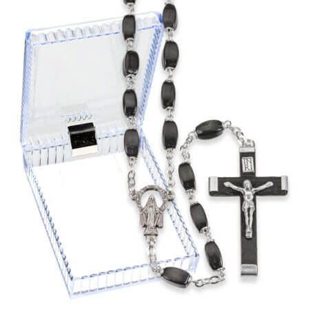 Black Wood Bead Rosary in a Hinged Plastic Box 24 1/2" Quantity of 10