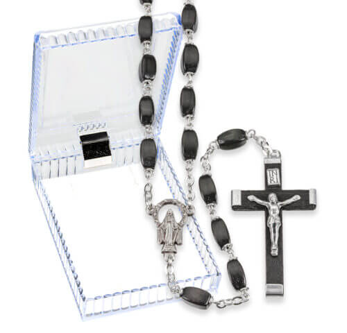 Black Wood Bead Rosary in a Hinged Plastic Box 24 1/2" Quantity of 10