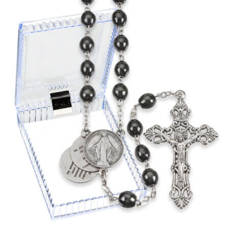 Black Wood Bead Rosary with Mystery Center in a Hinged Plastic Box 22"