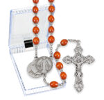 Brown Wood Bead Rosary with Mystery Center in a Hinged Plastic Box 21"