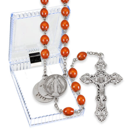 Brown Wood Bead Rosary with Mystery Center in a Hinged Plastic Box 21"