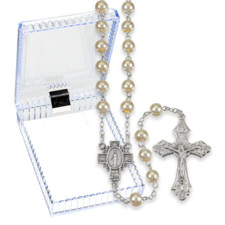6mm White Pearl Rosary in a Plastic Hinged Boxed 18 1/2" Quantity of 10