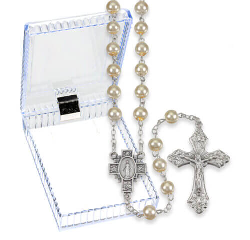 6mm White Pearl Rosary in a Plastic Hinged Boxed 18 1/2" Quantity of 10