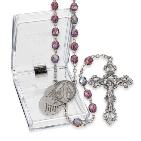 7mm Amethyst Mystery Center Rosary in a plastic hinged box 22"