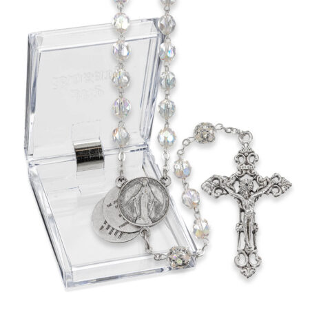 7mm Crystal Mystery Center Rosary in a plastic hnged box 20 3/4"