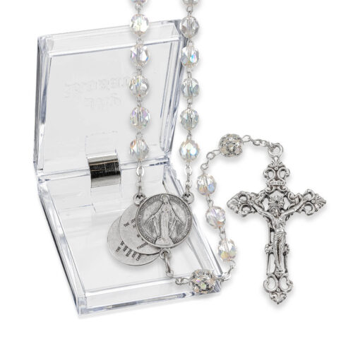 7mm Crystal Mystery Center Rosary in a plastic hnged box 20 3/4"