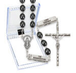 Black Wood Bead Rosary with 20 Mystery Pater Beads in Clear Hinged Box