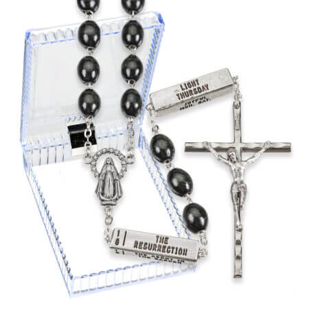 Black Wood Bead Rosary with 20 Mystery Pater Beads in Clear Hinged Box