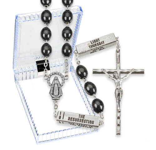 Black Wood Bead Rosary with 20 Mystery Pater Beads in Clear Hinged Box
