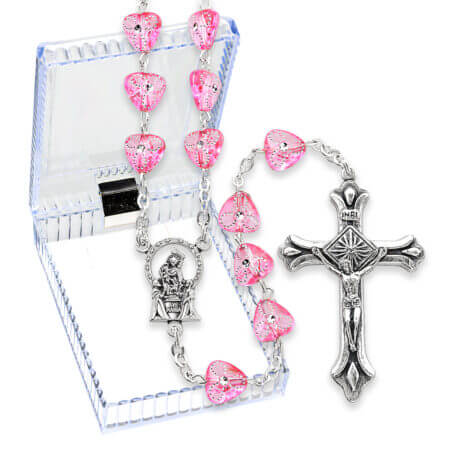 8mm Rose Heart Shaped Bead Rosary in a Plastic Hinged Box  18 1/2" Quantity of 10