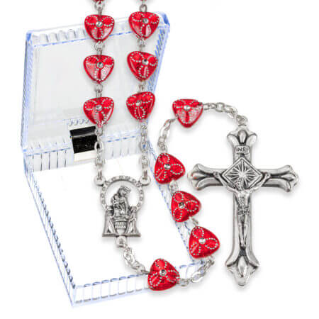 8mm Ruby Heart Shaped Bead Rosary in a Plastic Hinged Box 22 3/4" Quantity of 10
