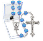 8mm Sapphire Heart Shaped Bead Rosary in a Plastic Hinged Box 22 3/4" Quantity of 10