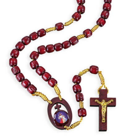 Wood Bead Corded Rosary with Divine Mercy Centerpiece 14 1/4" 10 Pieces