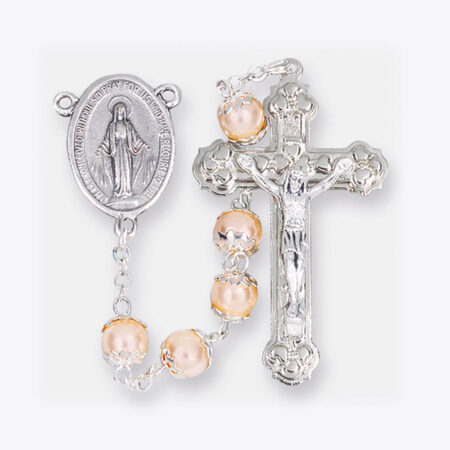 7mm Pink Faux Pearl Double Capped Round Bead Rosary