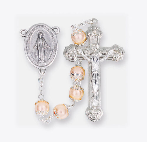 7mm Pink Faux Pearl Double Capped Round Bead Rosary