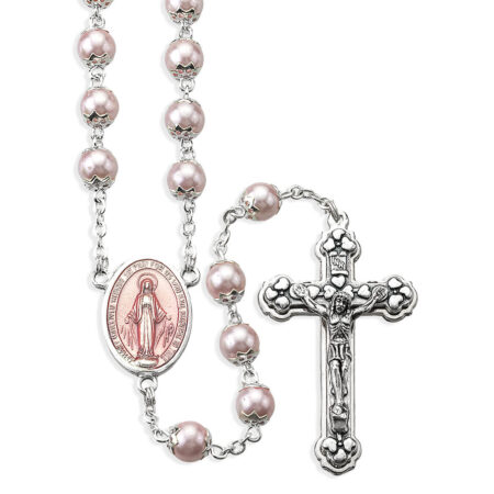 7mm Rose Faux Pearl Double Capped Round Bead Rosary