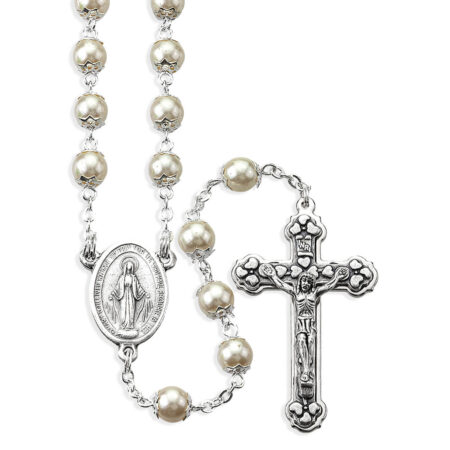 7mm White Faux Pearlized Double Capped Round Glass Bead Rosary