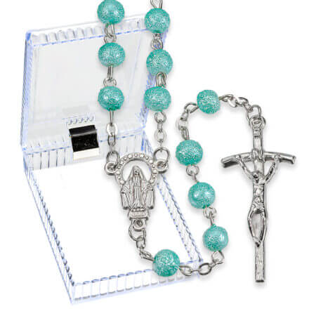 6mm Aqua Hammered Bead Rosary Boxed 19 1/2" Quantity of 10