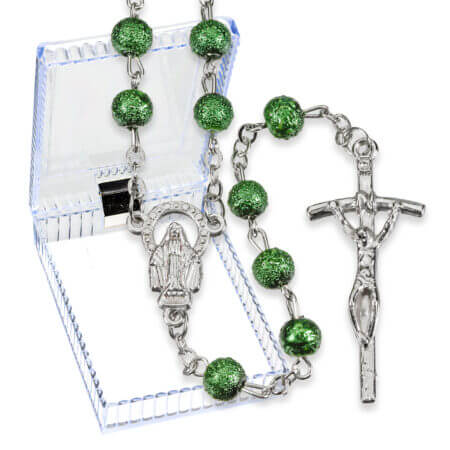 6mm Green Hammered Bead Rosary Boxed 20" Quantity of 10