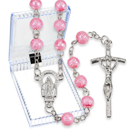 6mm Pink Hammered Bead Rosary Boxed 19 1/4" Quantity of 10
