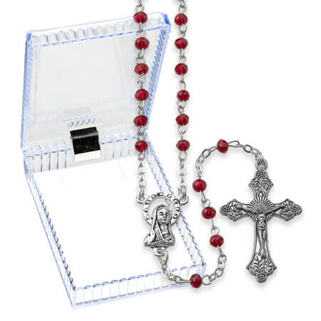 3mm x 4mm Red Glass Bead Rosary with Center and Crucifix Boxed Quantity of 10