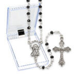 2 mm x 3mm Jet Black Glass Bead Rosary with Center and Cross Boxed 14" Quantity of 10