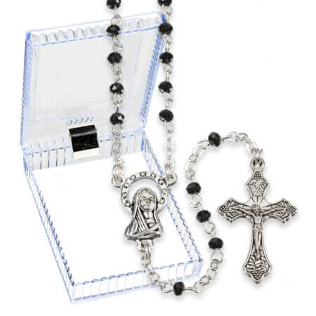 2 mm x 3mm Jet Black Glass Bead Rosary with Center and Cross Boxed 14" Quantity of 10