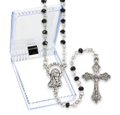 2 mm x 3mm Jet Black Glass Bead Rosary with Center and Cross Boxed 14" Quantity of 10