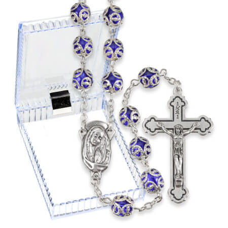 8mm Filigree Capped Blue Bead Rosary with Center and Cross in Box 24 3/4" Quantity of 10