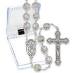 8mm Filigree Capped Clear Crystal Rosary with Center and Cross in a Plastic Hinged Box 25" Quantity of 10