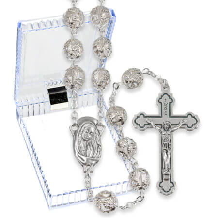 8mm Filigree Capped Clear Crystal Rosary with Center and Cross in a Plastic Hinged Box 25" Quantity of 10