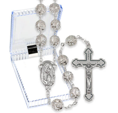 8mm Filigree Capped Clear Crystal Rosary with Center and Cross in a Plastic Hinged Box 25" Quantity of 10