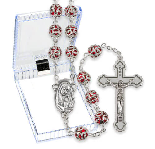 8mm Filigree Capped Ruby Bead Rosary in a Clear Hinged Box 24 1/4" Quantity of 10