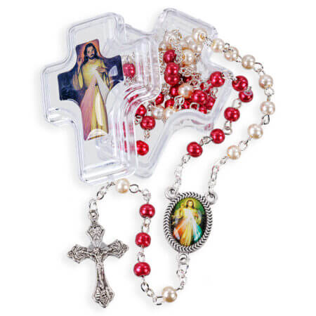 4mm Divine Mercy Glass Bead Rosary with Crucifix in a Cross Shaped Keepsake Box Quantity of 10