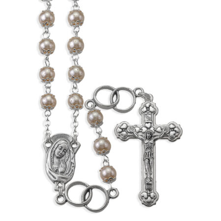 7mm Pearlized Glass Bead Wedding Rosary with Wedding Ring Our Father Beads