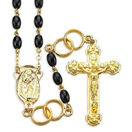 5 x 7mm Oval Black Glass Bead Wedding Rosary with Wedding Ring Our Father Beads
