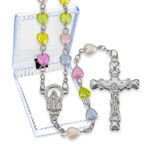 6mm Multicolored Pearlized Heart Bead Rosary with Silver Oxidized Crucifix and Center 20" Quantity of 10