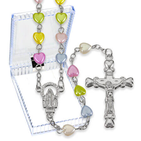 6mm Multicolored Pearlized Heart Bead Rosary with Silver Oxidized Crucifix and Center 20" Quantity of 10
