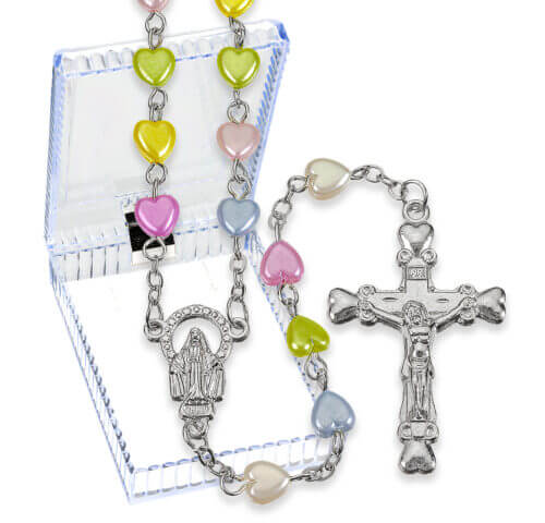 6mm Multicolored Pearlized Heart Bead Rosary with Silver Oxidized Crucifix and Center 20" Quantity of 10