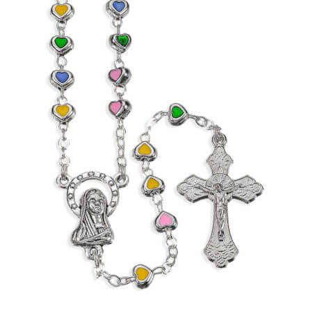 4mm Multi Colored Epoxied Heart Shaped Rosary in a Heart Shaped Box 16" Quantity of 10
